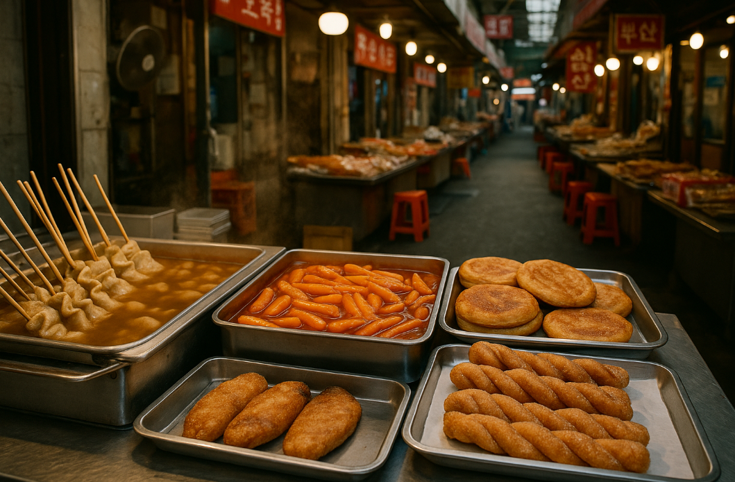 시장 분식 떡볶이, 오뎅, 호떡, 꽈베기, 튀김
