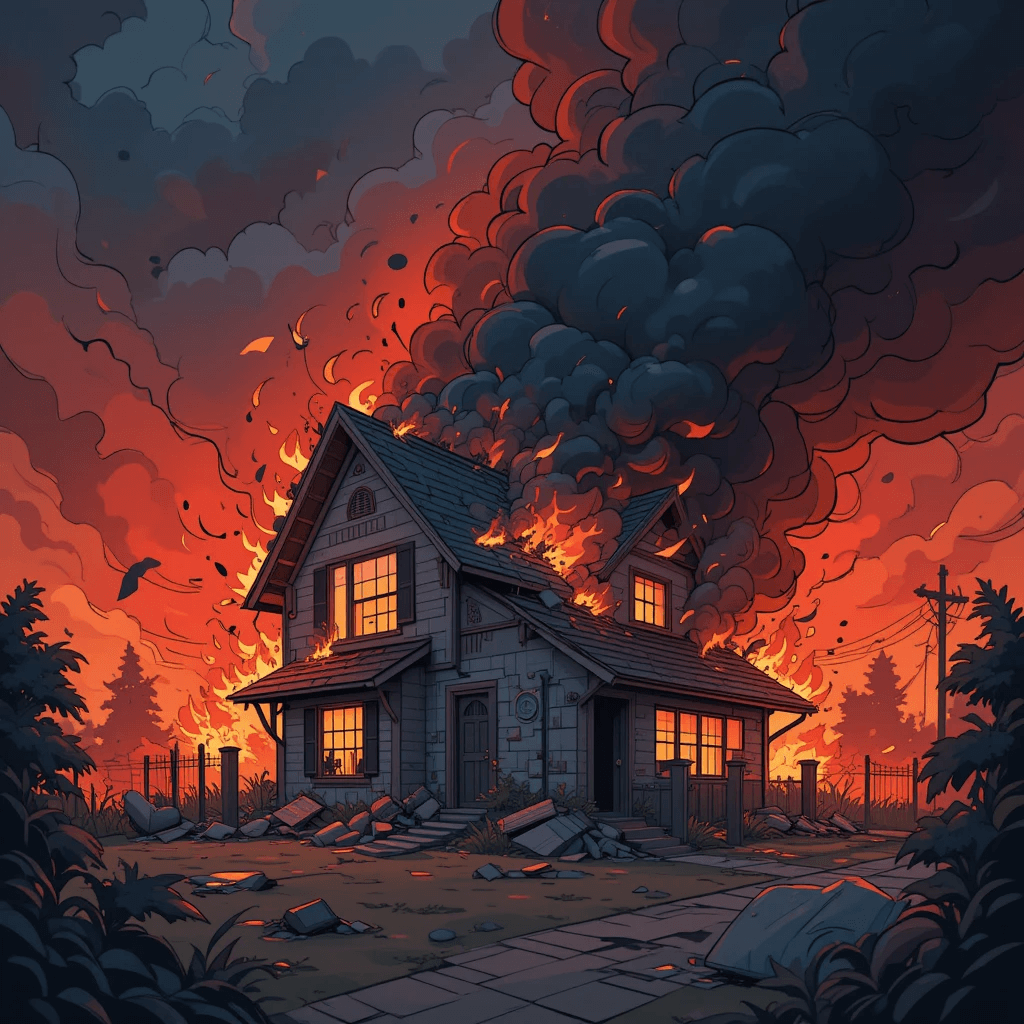 불(화재)이 나오는 흉몽 중 화재가 집을 태우는 꿈의 이미지입니다.