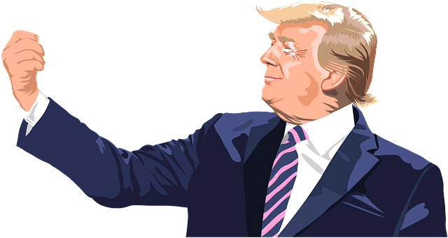 트럼프가 파란 양복을 입고 온른 손을 주먹 쥐고 드는 장면이다. 얼굴은 옆모습이다.