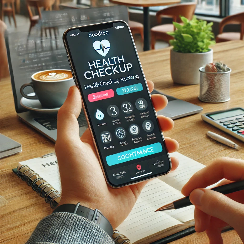 스마트폰 화면에 굿닥 앱의 건강검진 예약 섹션 인터페이스가 표시된 모습. 현대적인 카페에서 노트북과 커피&amp;#44; 메모지가 놓인 배경 속에서 스마트폰을 사용하는 모습이 편리함과 현대적인 라이프스타일을 상징함