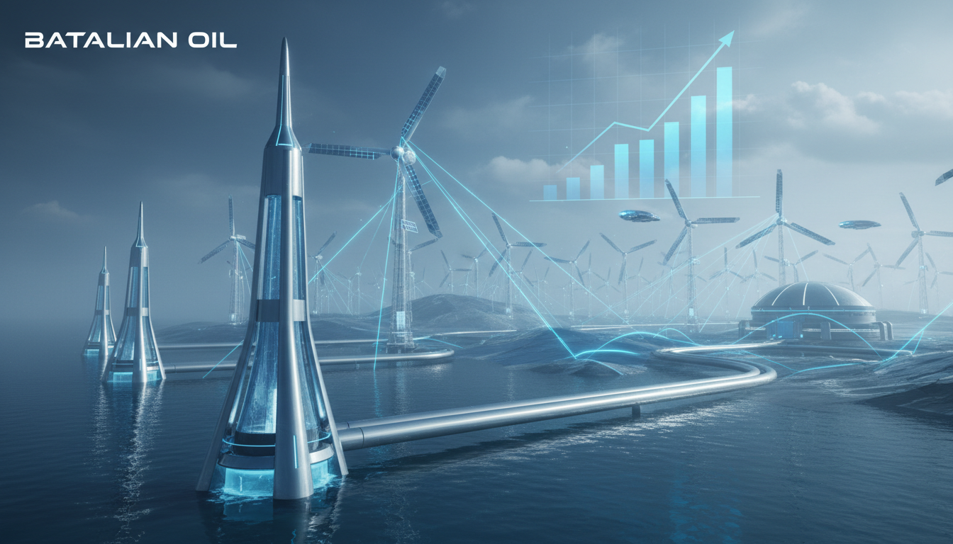 푸른빛과 회색빛이 감도는 미래형 에너지 시설과 역동적인 에너지 흐름이 바탈리언 오일의 혁신적인 잠재력을 시각적으로 표현합니다.