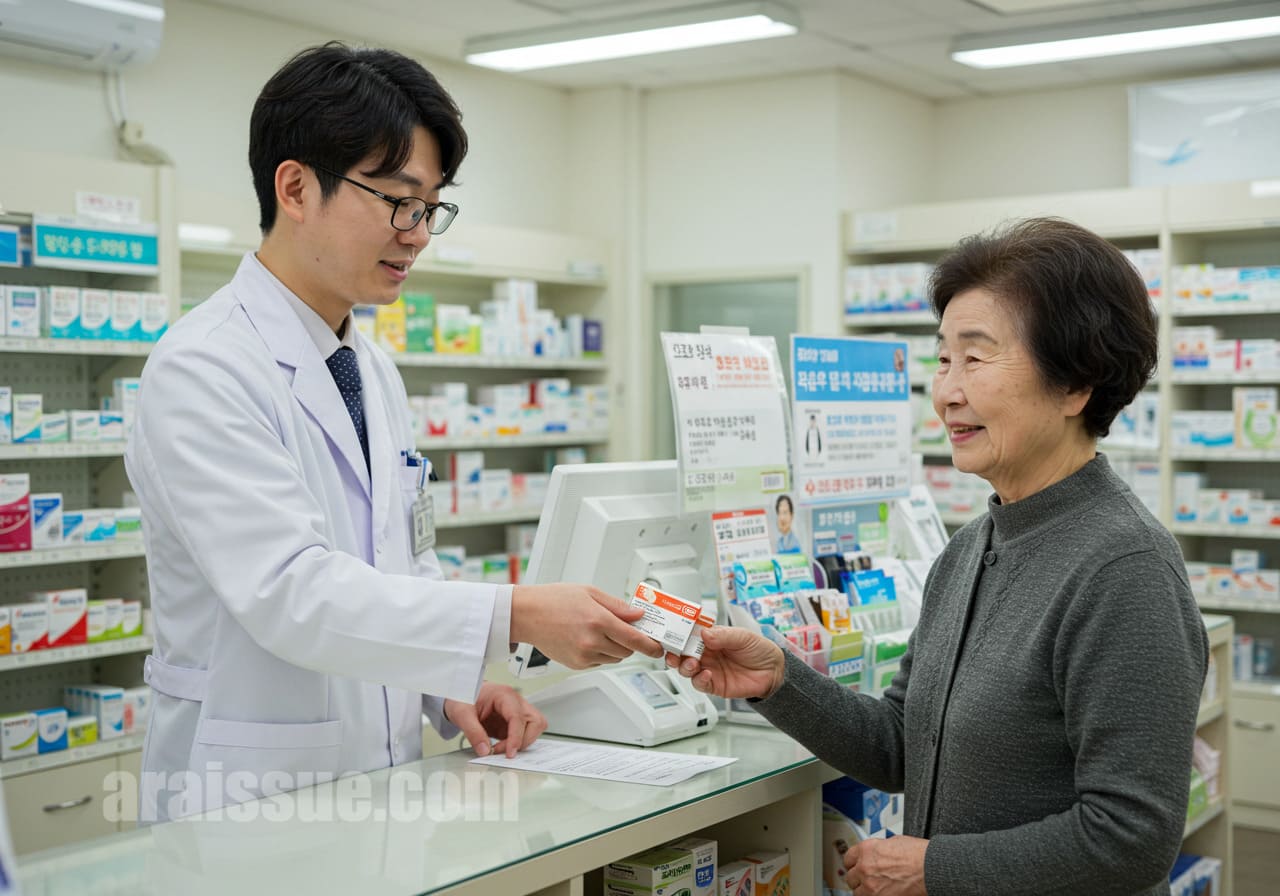 시니어 여성이 약국에서 수면 유도제를 받는 모습