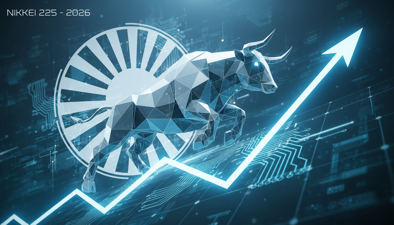 2026년 일본 주식 시장의 상승세를 나타내는 디지털 황소와 상승 그래프 일러스트