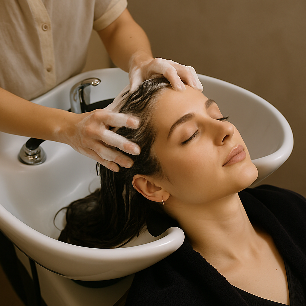 헤어샵에서 전문가가 두피를 샴푸하며 관리해주는 장면
