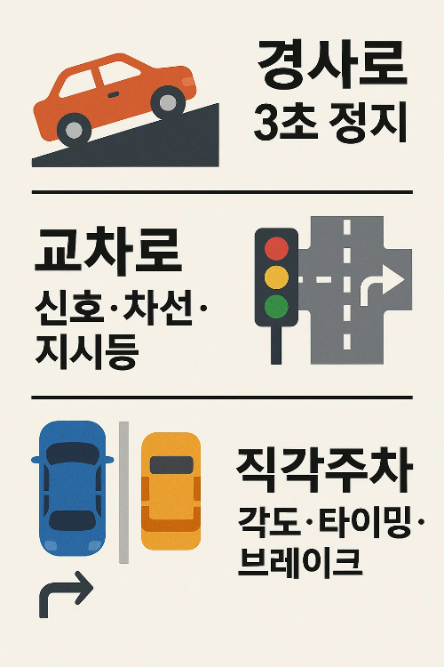 운전면허 기능시험 코스별 합격 전략으로 경사로 3초 정지, 교차로 신호와 차선, 직각주차 각도와 타이밍, 브레이크 요령을 담은 인포그래픽
