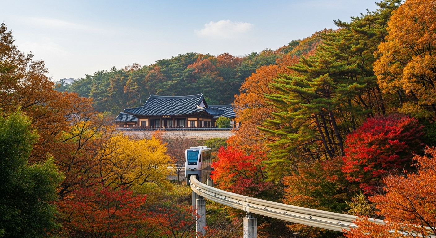 가을 단풍으로 물든 숲 속에 고즈넉하게 자리한 운암정 한옥과 그 앞을 지나는 모노레일. 전통미와 자연이 어우러진 풍경.