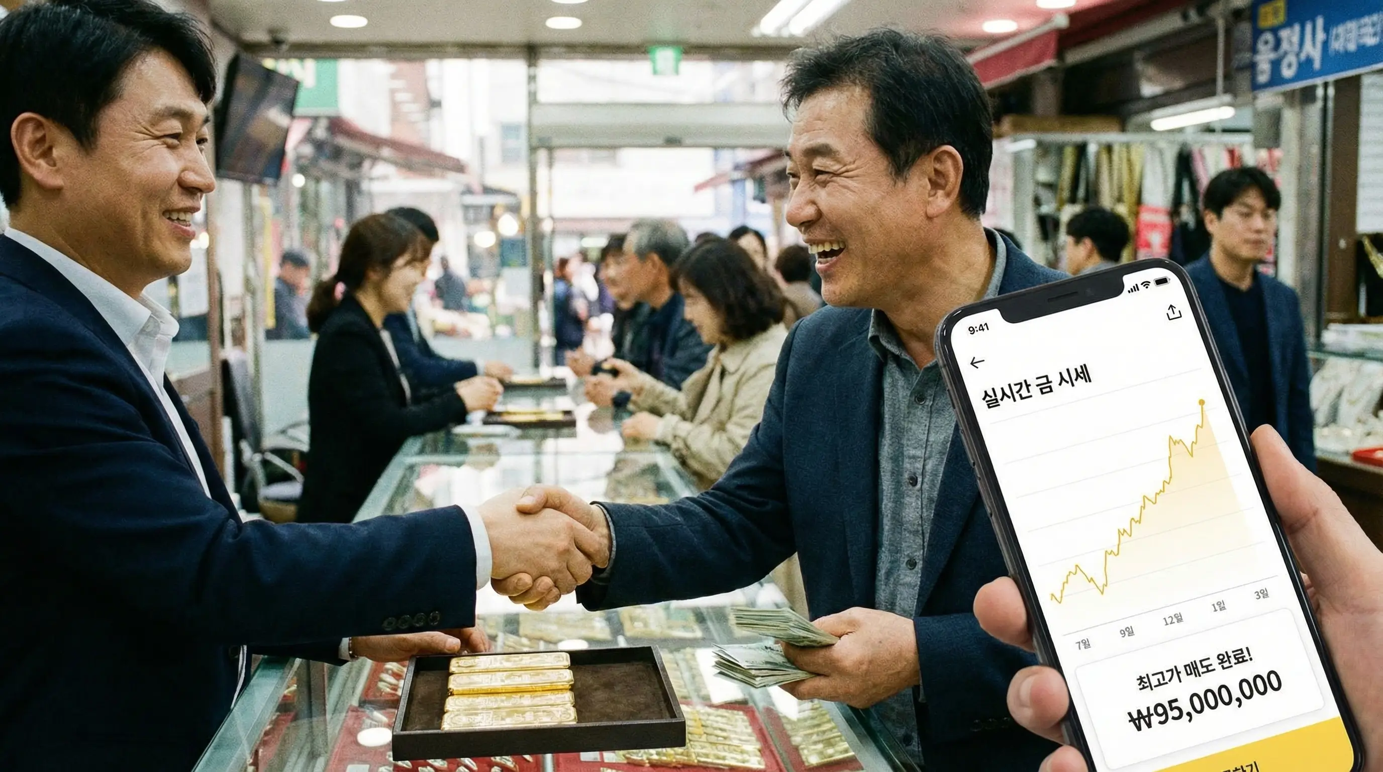 스마트폰으로 실시간 금 시세를 확인하고 가장 비싼 가격에 금을 매도하여 만족해하는 모습
