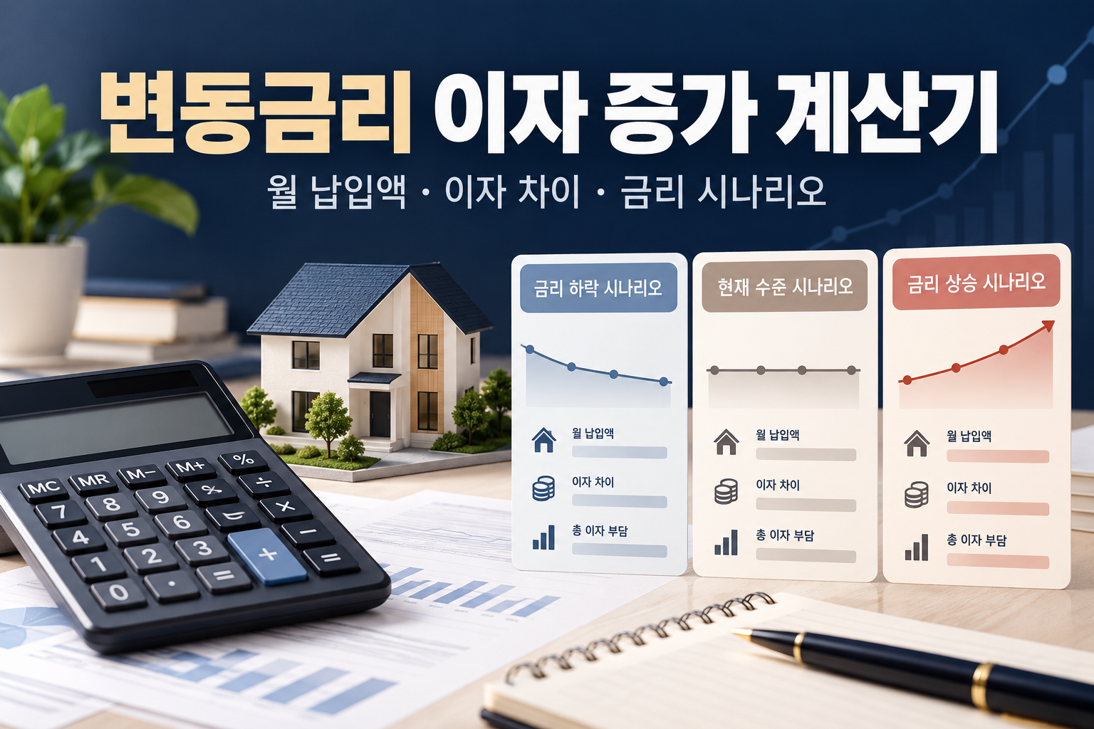 변동금리 대출 이자 증가 계산기 - 금리 0.25·0.5·1%p 변동 시 월 부담 비교