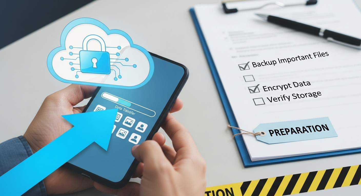 스마트폰 데이터를 클라우드에 백업하는 모습. 유심 교체 전 중요한 정보를 미리 저장해두는 것을 상징합니다.