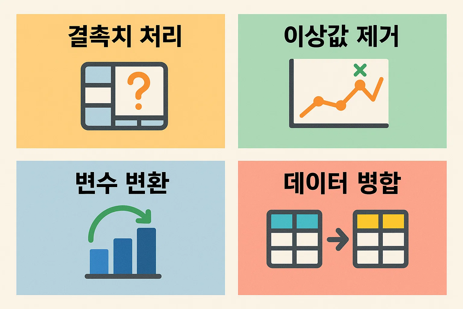 결측치 처리, 이상값 제거, 변수 변환, 데이터 병합 등 실제 시험에서 요구되는 데이터 전처리 과정을 단계별로 정리한 인포그래픽.