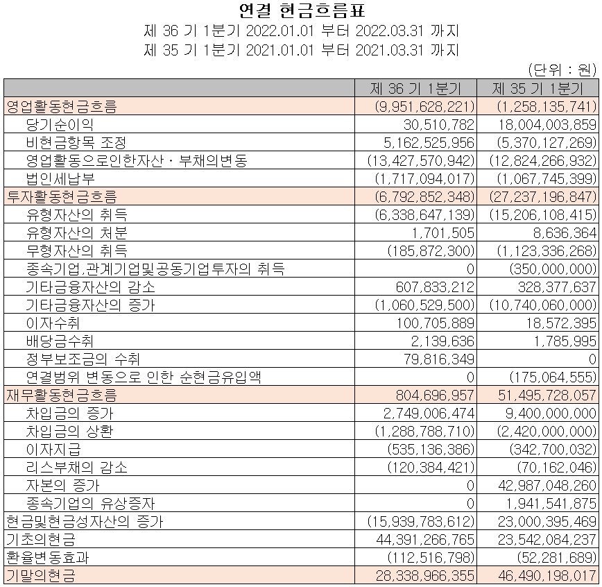 에프에스티 - 현금흐름표