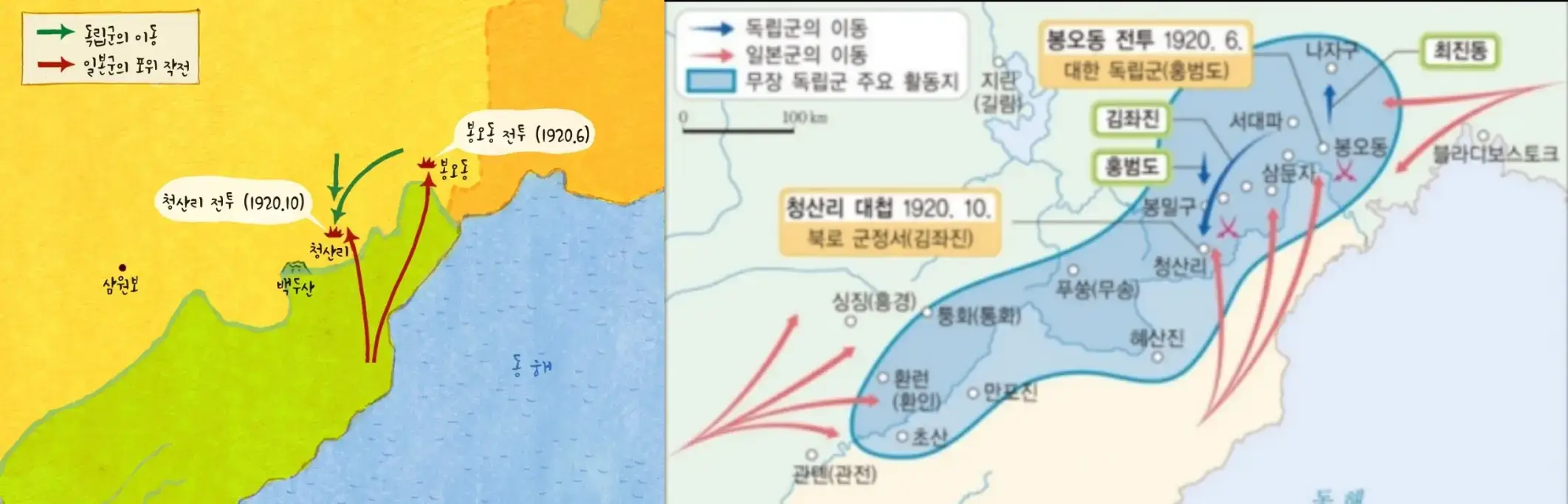 봉오동 전투 및 청산리 대첩 무장 독립군 이동 경로와 일본군 포위망 전술 분석 지도