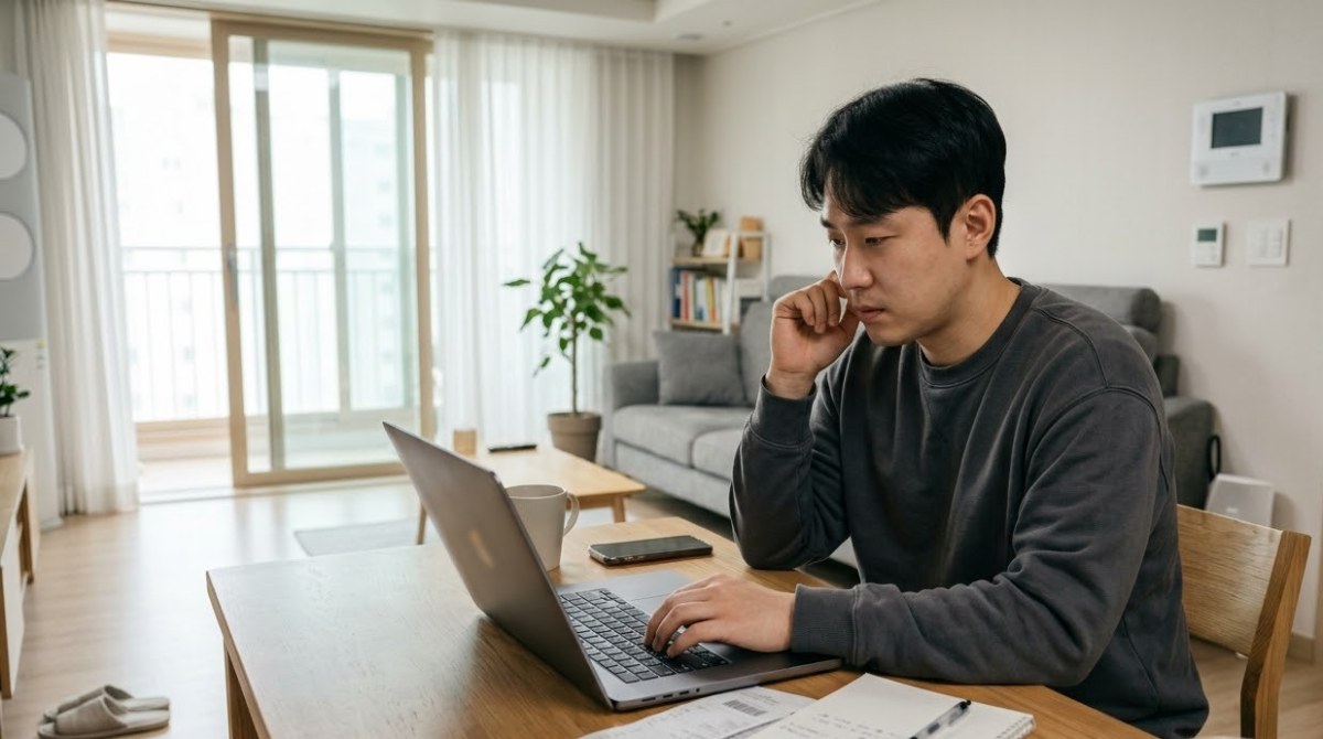 노트북으로 근로장려금 신청 내역을 확인하는 남성
