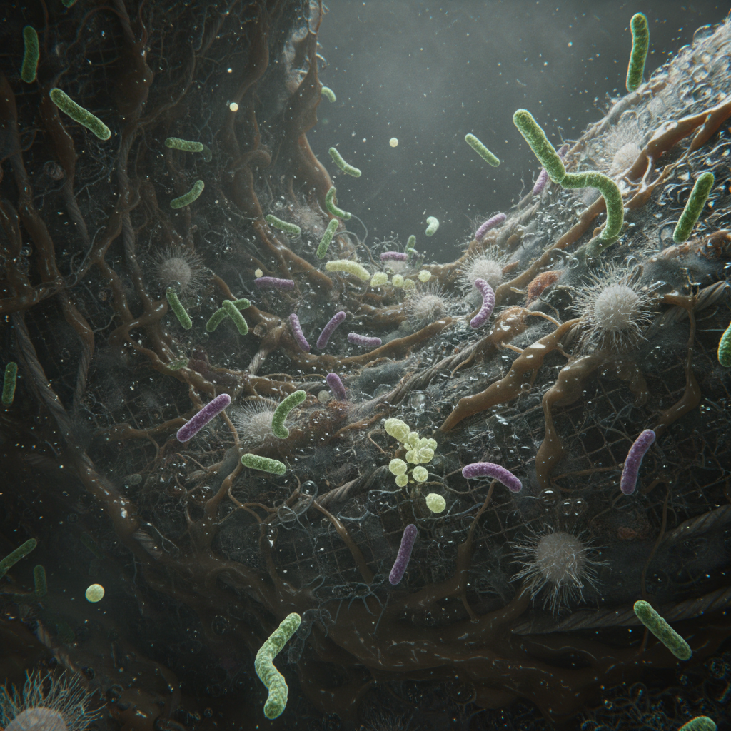 습한 신발 내부에서 냄새를 유발하는 세균 번식 과정을 시각화한 그래픽