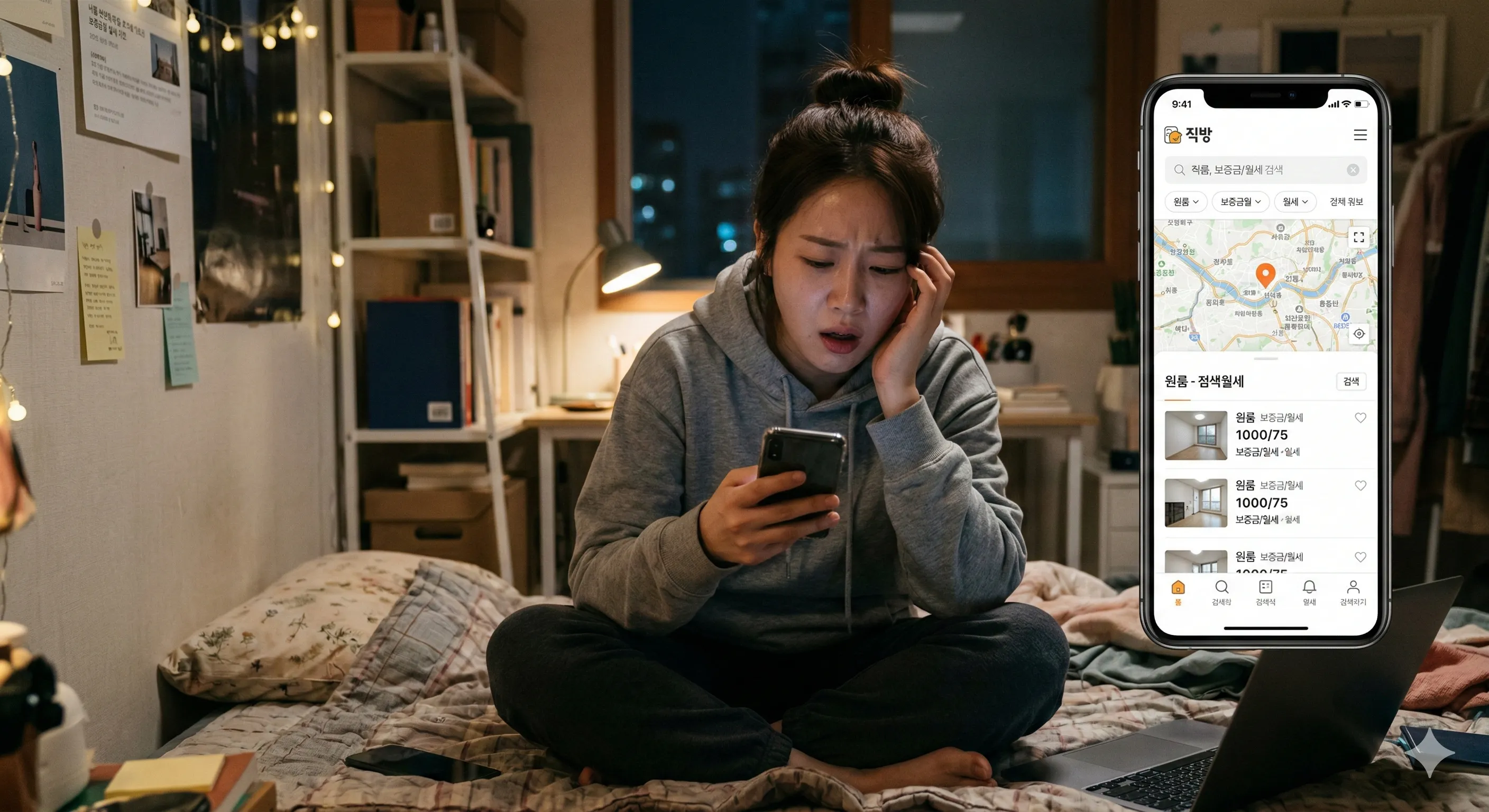 비싼 서울 월세와 부동산 앱을 보며 주거비 부담에 한숨 쉬는 청년