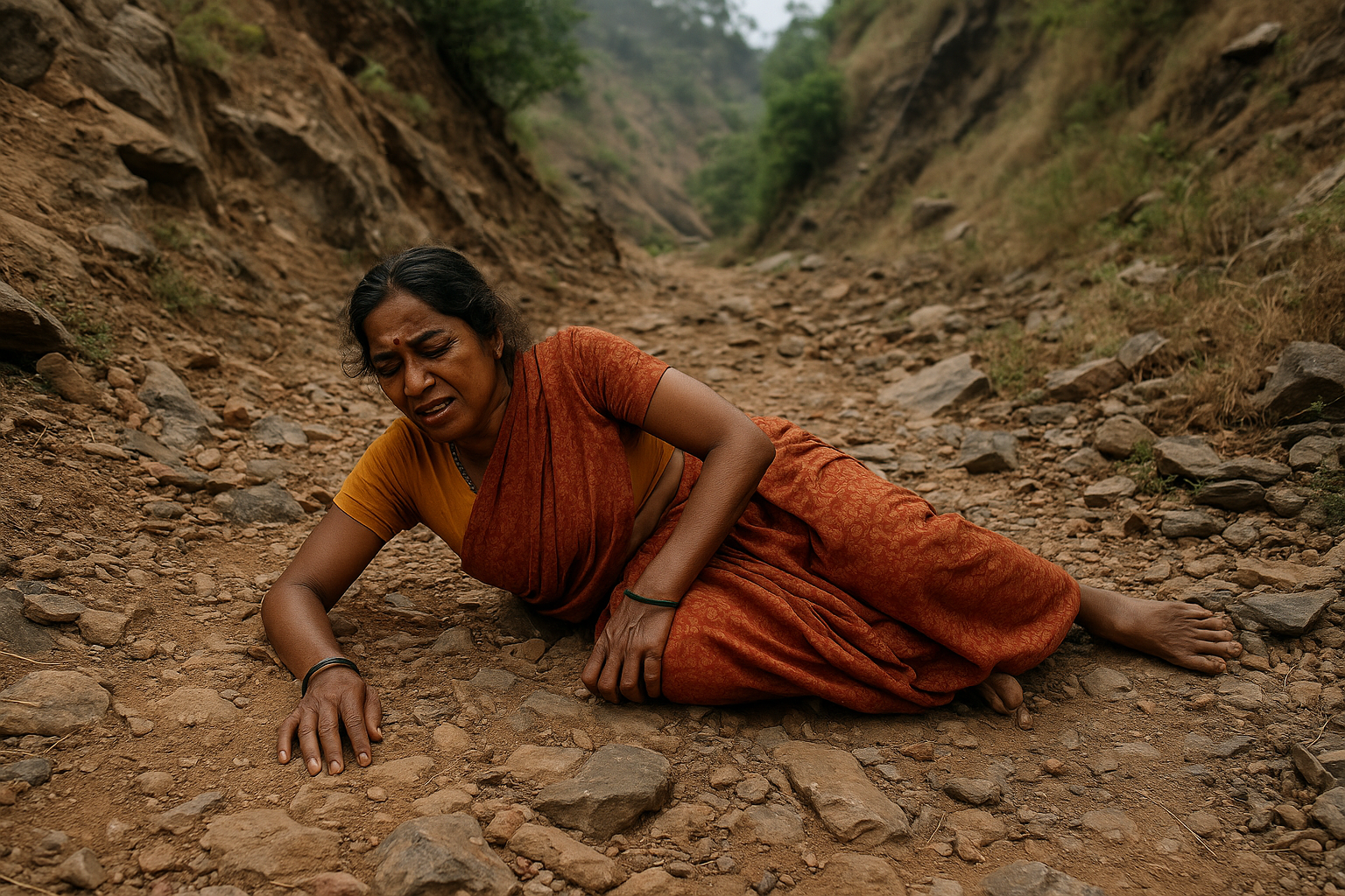 산길에 넘어진 인도 여성