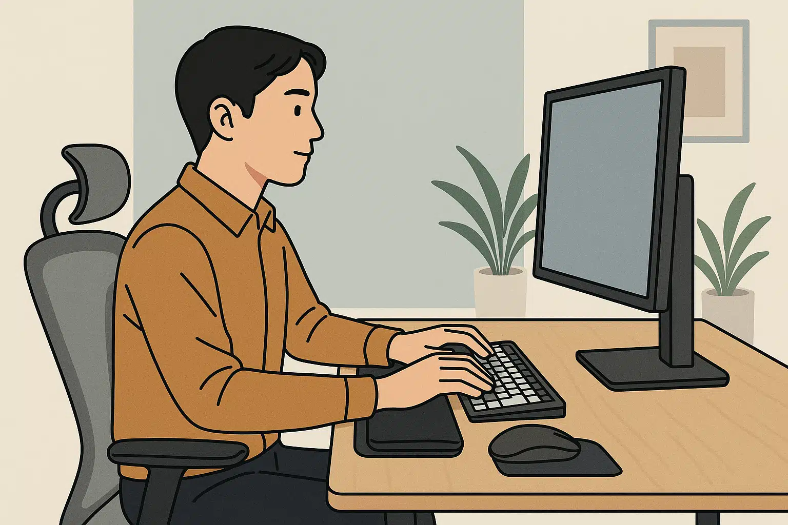 컴퓨터 작업을 하는 직장인, 인체공학적 책상 세팅, 손목 받침대 사용, 팔꿈치에 무리가 가지 않는 편안한 자세
