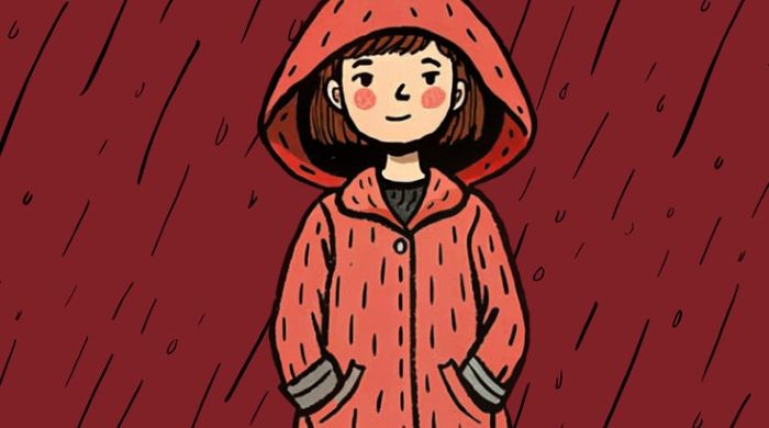 빨간색 우비를 입고 장마철 빗속에 서 있는 소녀 일러스트. 장마철 대비를 상징하는 귀여운 그림 이미지.
