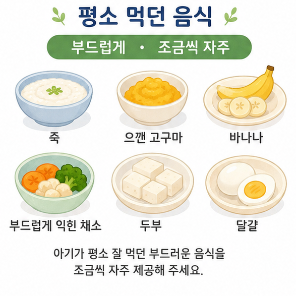 죽과 으깬 고구마, 바나나, 부드러운 채소, 두부, 달걀 등 아기가 평소 먹던 부드러운 음식을 보여주는 이미지