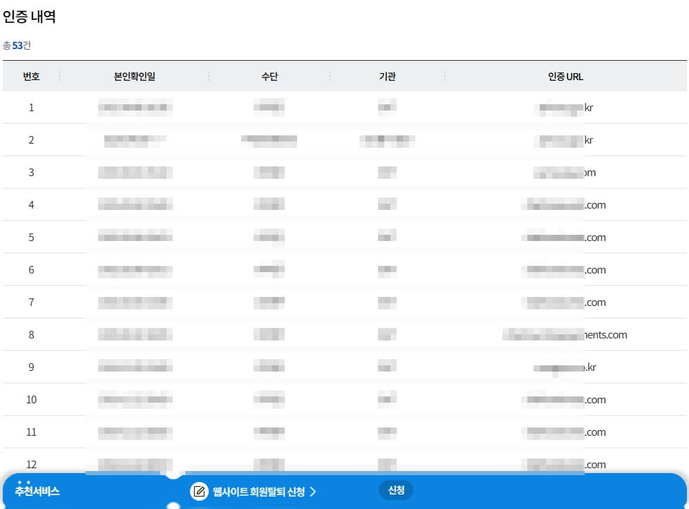 본인인증 내역이 조회된 화면