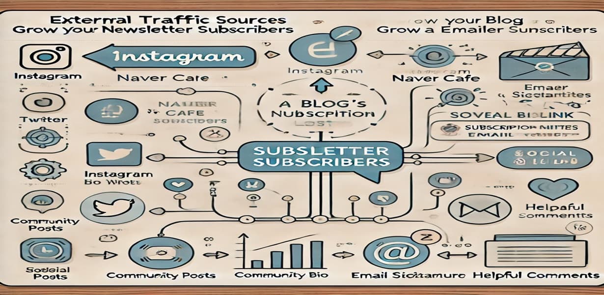 뉴스레터 구독자를 늘리기 위한 외부 채널 유입 전략 인포그래픽 – SNS, 커뮤니티, 이메일 서명 등 연결 흐름