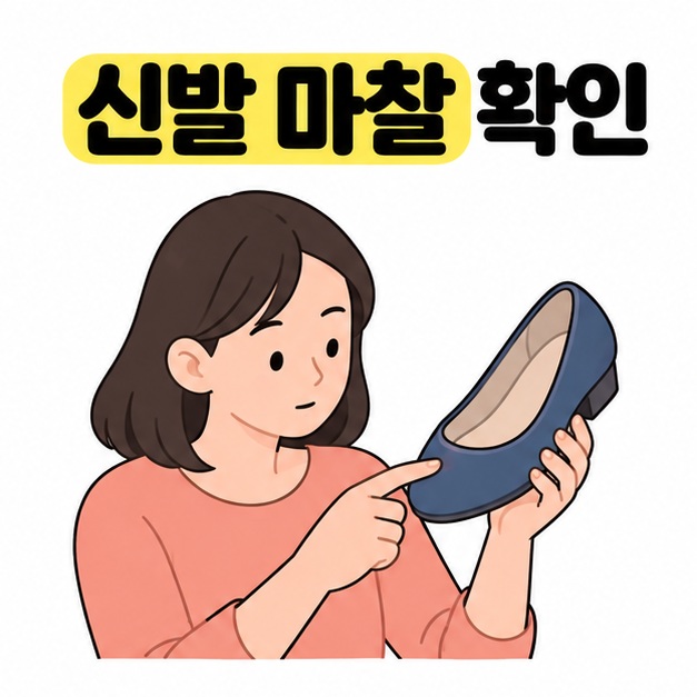 신발 마찰 확인 문구 아래 여성이 파란 구두를 들고 앞부분을 손가락으로 가리키는 그림