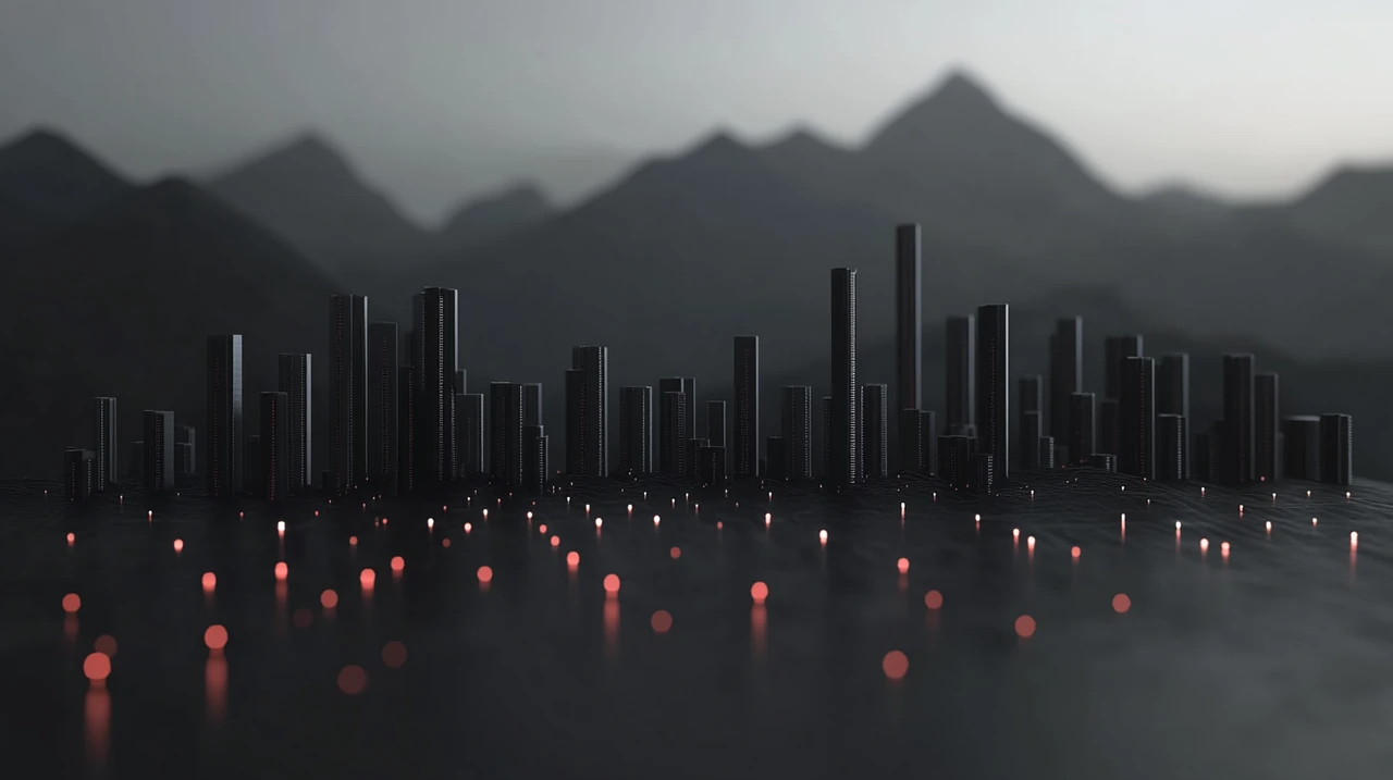 S&P500 지수의 정교한 디지털 표현이 역동적인 배경과 함께 있으며, 미래적인 감각과 차분한 주변 조명으로 전략적 투자 결정을 암시