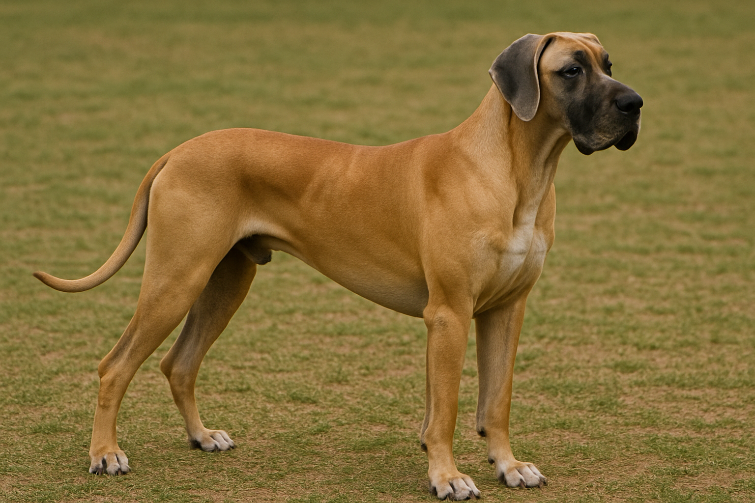 세계에서 제일 큰 견종 그레이트 데인 성견이 잔디밭에 서있다.