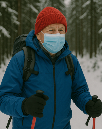 안전하게 겨울 등산을 즐기는 노인의 모습