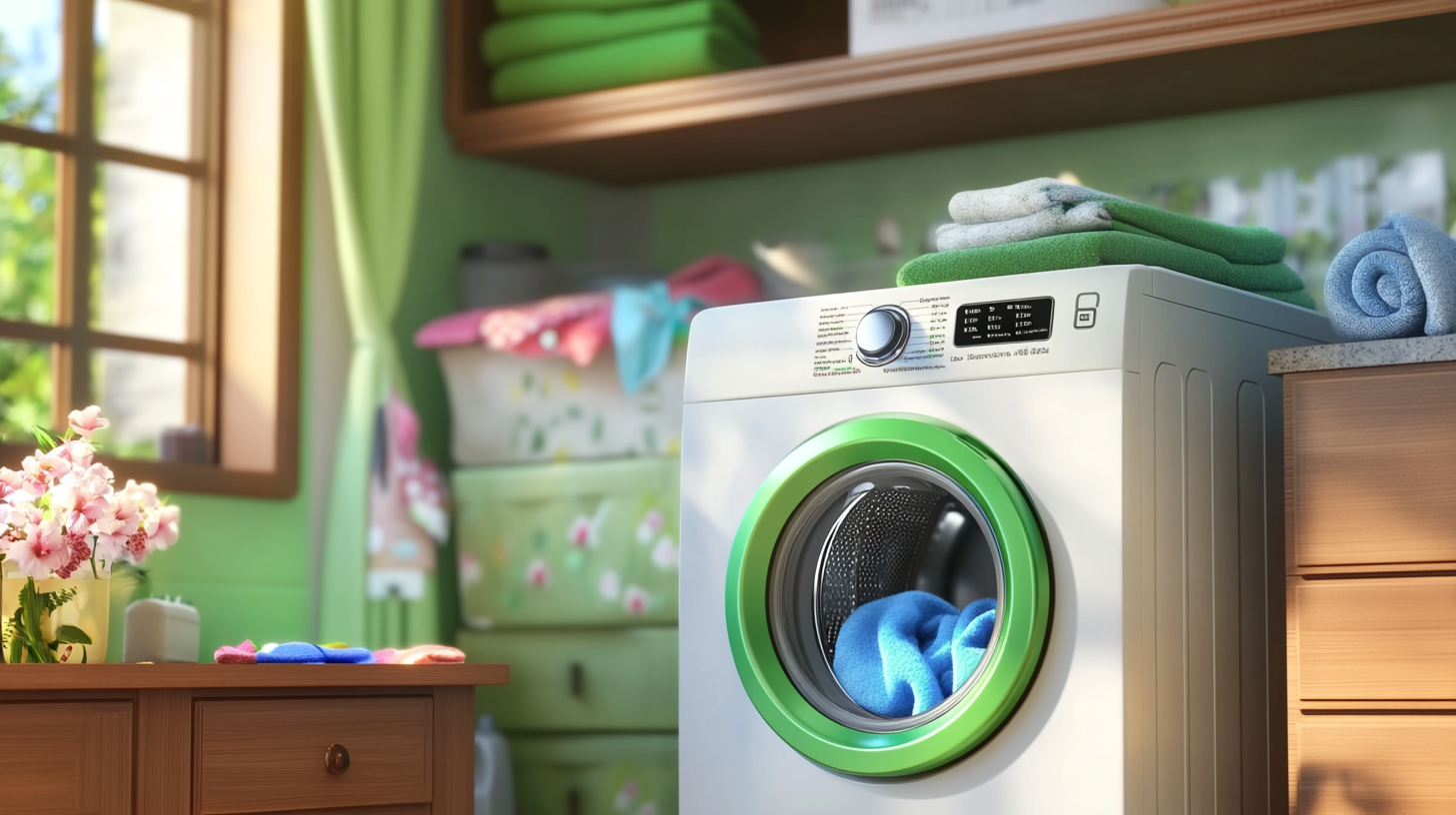 에너지 절약 기능을 상징하는 녹색 테마 공간에 설치된 삼성 WF21D17CVVC 세탁기 이미지