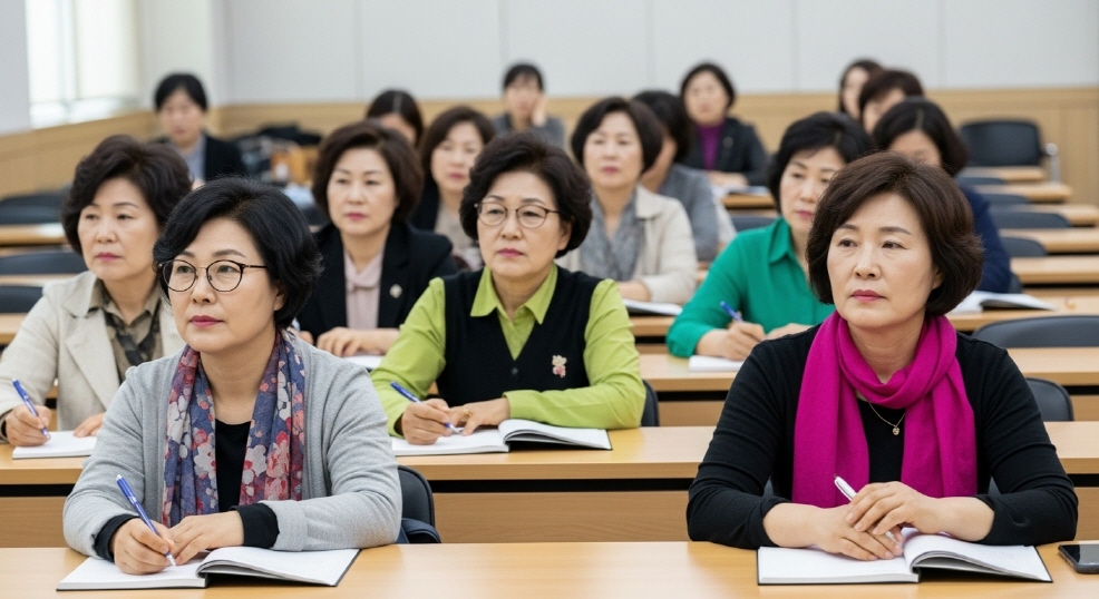 공공기관 강의실에서 교육 듣는 한국인 중년 여성