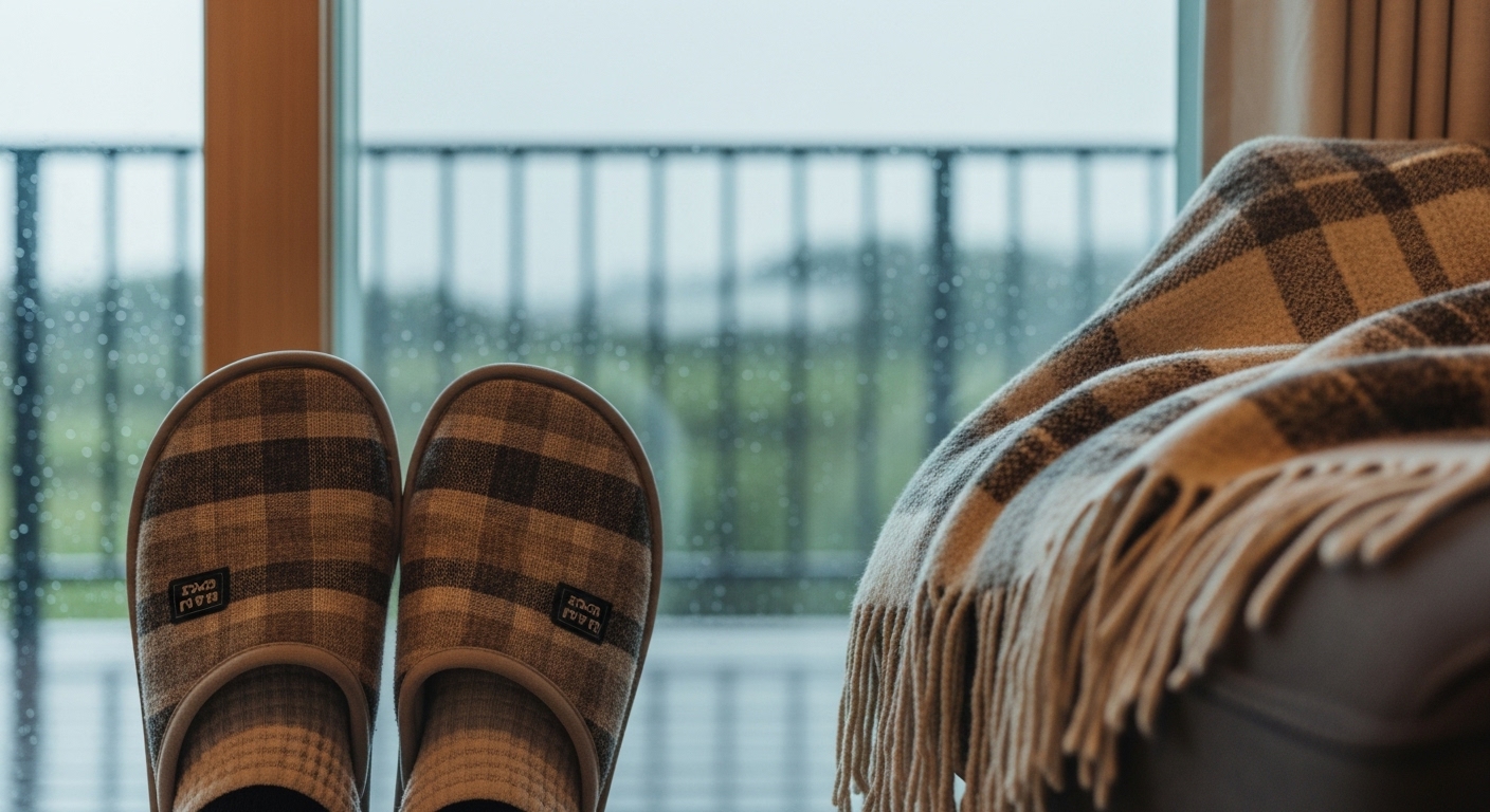 제주 숙소 창가에 놓인 편안한 슬리퍼와 의자에 걸린 담요. 창밖으로는 비 오는 날 풍경이 흐릿하게 보여 한 달 살기의 아늑하고 여유로운 실내 생활을 상징합니다.