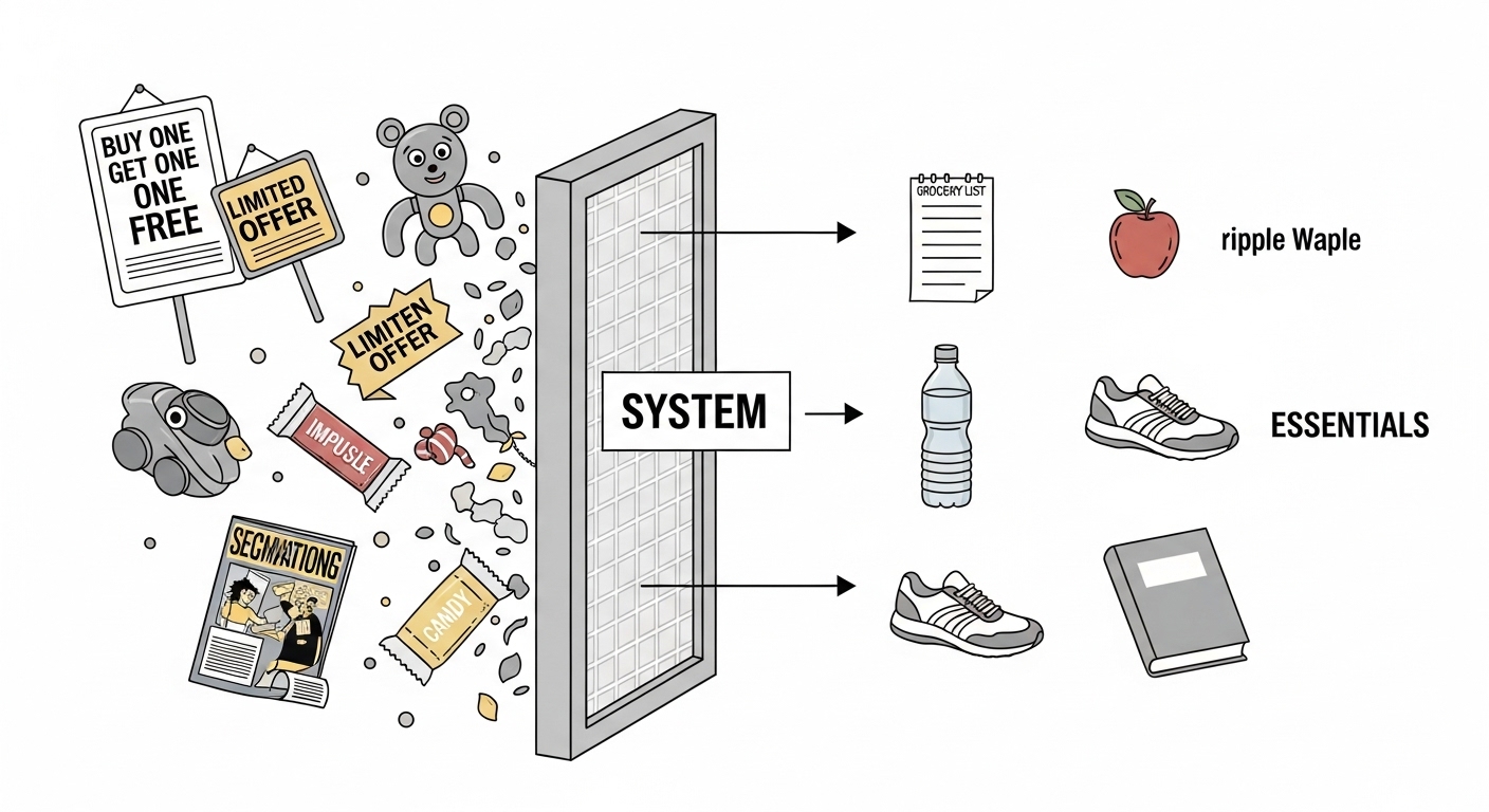 '시스템'이라는 필터를 통해 불필요한 것들이 걸러지는 과정을 보여주는 그림