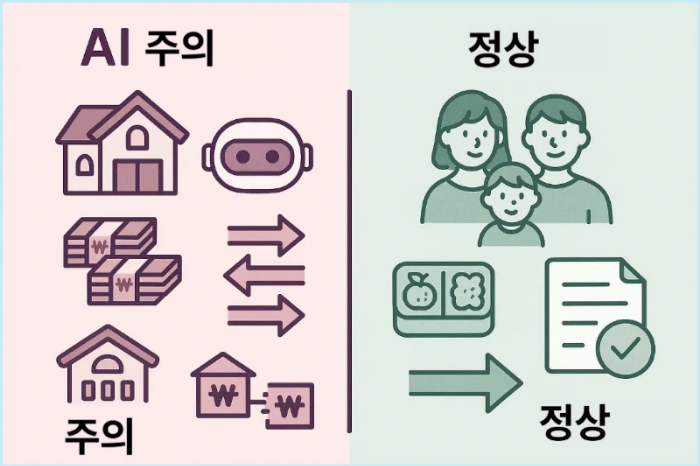 국세청 AI 세무조사 대상과 비대상 거래 비교 인포그래픽 – 고액 송금과 가족 간 생활비 송금 비교