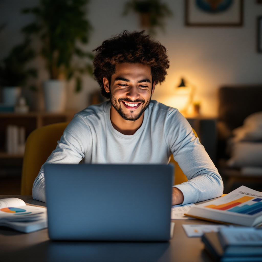 노트북 보며 웃는 남자