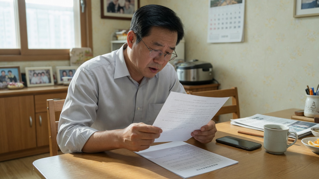 주방 식탁에서 서류를 보는 사람