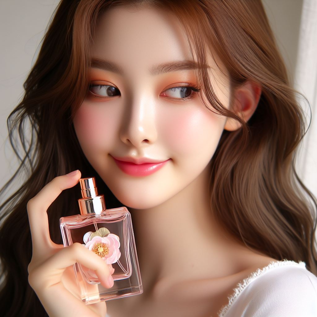 한국의 20대 긴 생머리 이쁜 여자 대학생이 향수를 들고 있는 모습