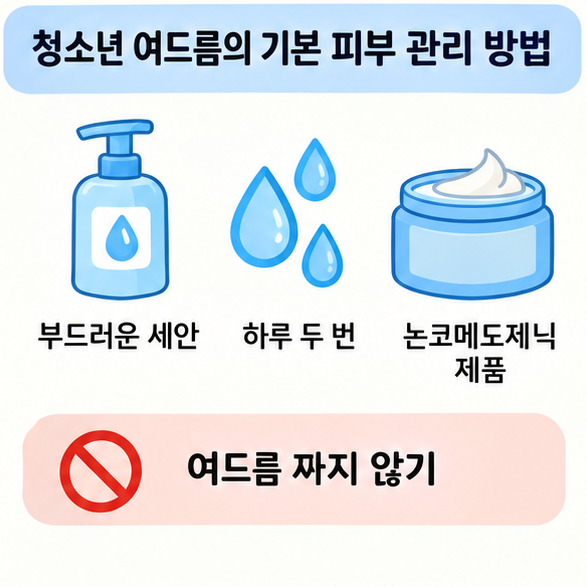 부드러운 세안과 하루 두 번 세안, 논코메도제닉 제품 사용, 여드름을 짜지 않는 기본 관리법을 보여주는 이미지