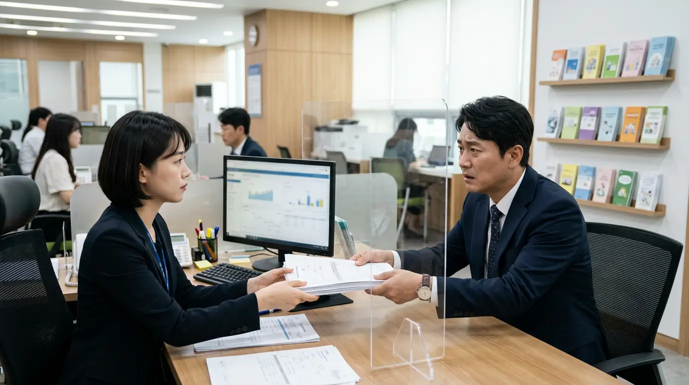 서민금융통합지원센터 창구에서 40대 남성 직장인이 변제금 납부 내역서를 제출하며 진지하게 상담받는 풍경
