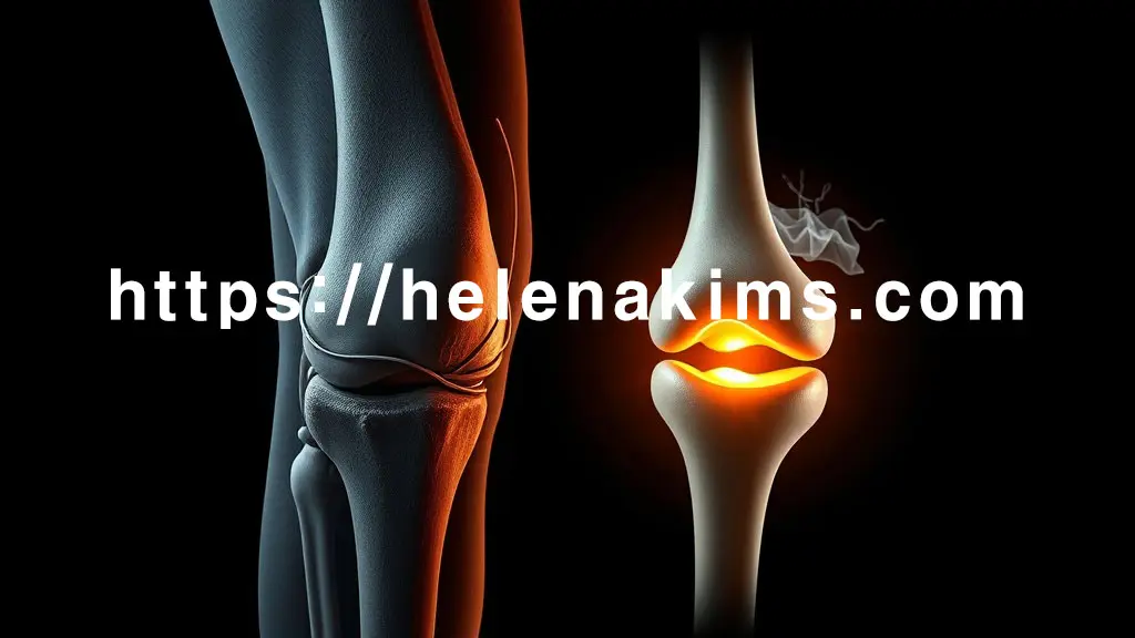 심하게 마모되거나 변형된 무릎 관절과 완벽하게 재건된 인공관절을 대비시킨 이미지.