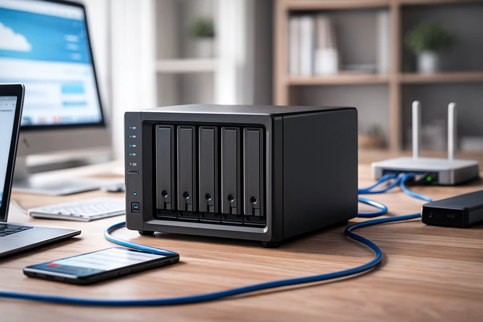 현대적인 작업 공간에 배치된 NAS 서버와 라우터, 노트북, 스마트폰이 함께 놓인 모습