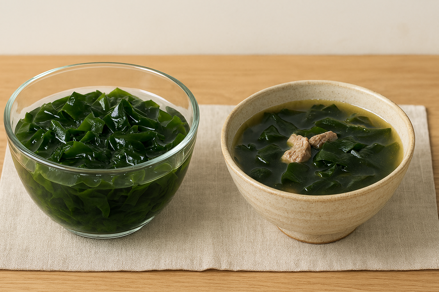 물에 불린 미역과 미역국 이미지