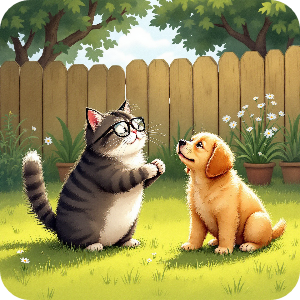 사랑스런 고양이와 강아지가 함께 행복하게 있는 이미지