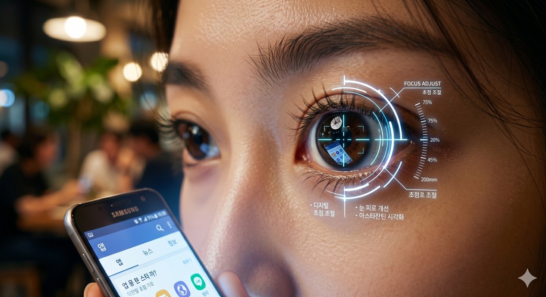 스마트폰을 보는 한국 사람의 눈동자에 비친 디지털 초점 조절 그래픽