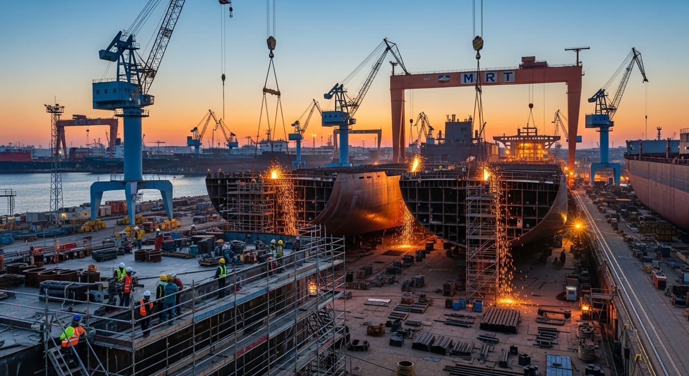 군함이 건조되는 조선소 작업 현장