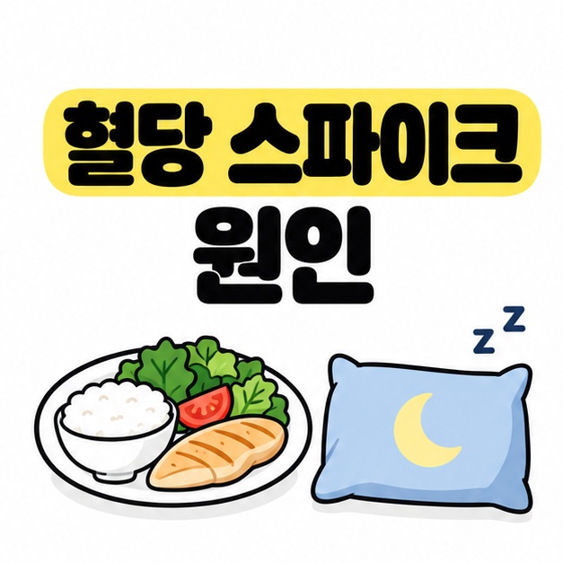 혈당 스파이크 원인 제목 아래에 식사 접시와 수면을 나타내는 베개를 배치한 대표 이미지