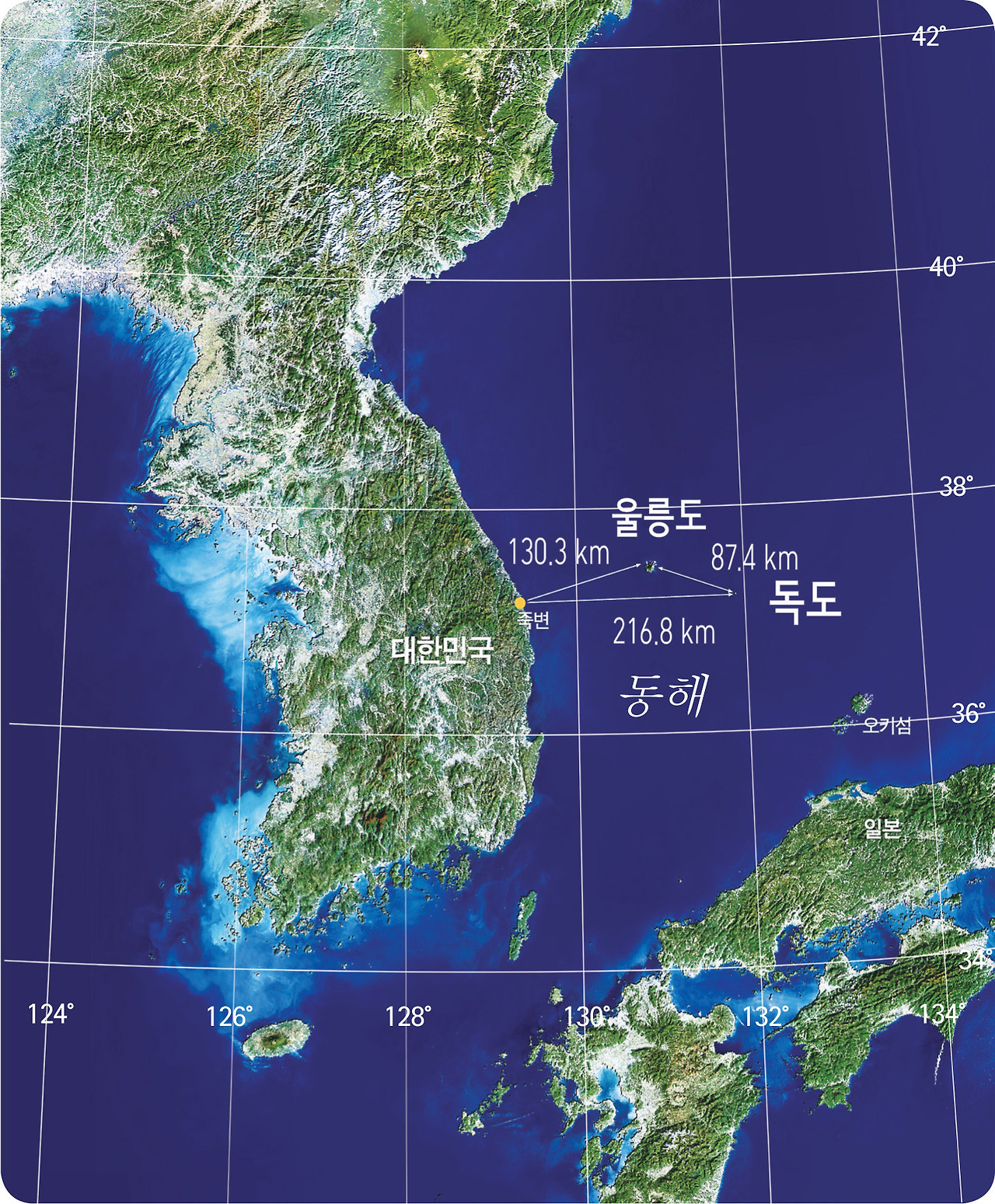 대한민국 지도. 동해에 울릉도와 독도가 있으며 남쪽으로 일본 지도가 있다.