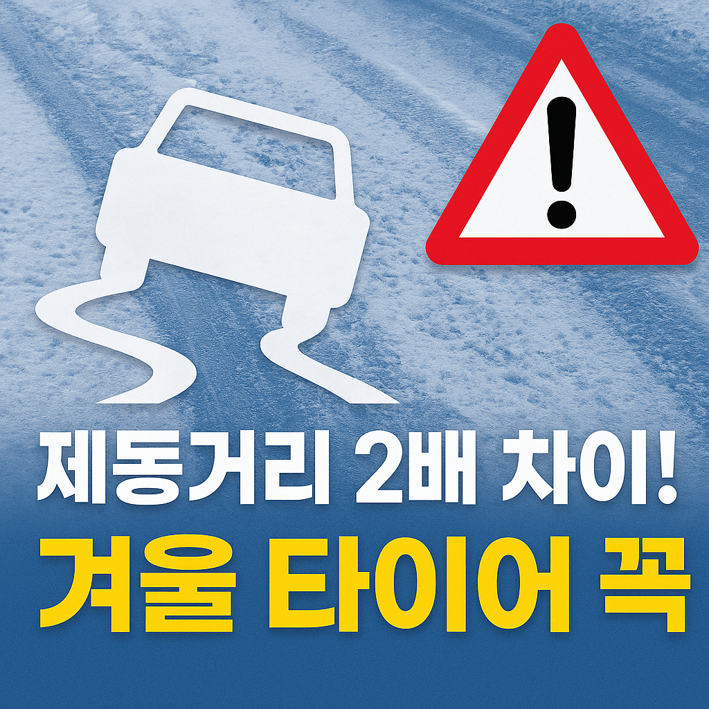 겨울철 빙판 도로 위에서 미끄러지는 자동차 아이콘과 경고 삼각형을 배치해 제동거리 차이를 강조한 인포그래픽 스타일 썸네일 이미지