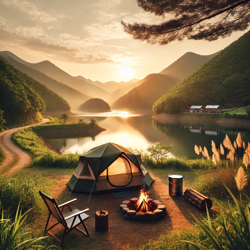 푸르른 푸른 산으로 둘러싸인 고요한 호수 근처에 아늑한 텐트가 설치되어 있는 이미지