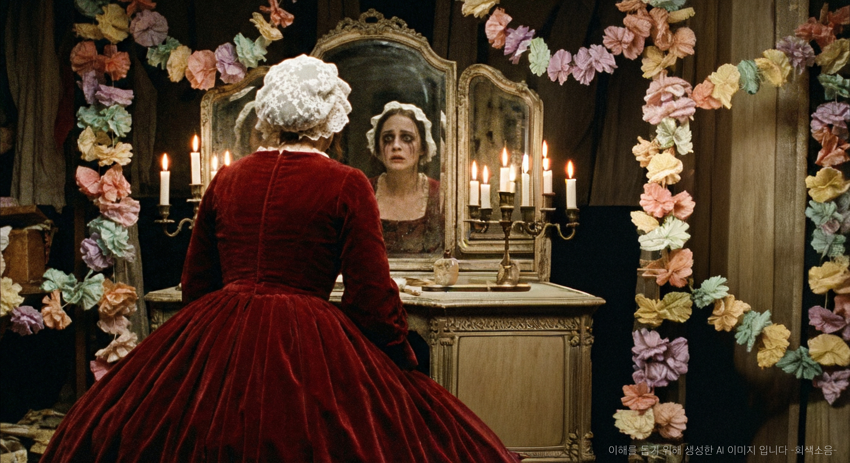 두 개의 얼굴 : 화려한 붉은 드레스를 입은 하녀가 화장대 앞에 앉아 있고, 거울 속에는 공포에 질린 왜곡된 얼굴이 비치는 심리적 공포의 초현실적 장면.